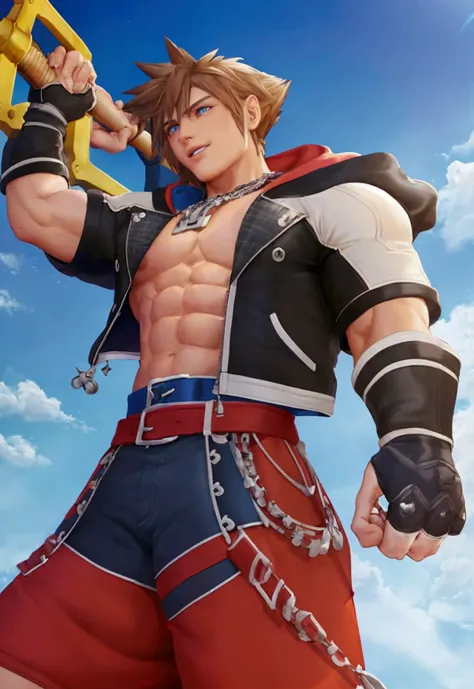 (masterpiece, Highest quality:1.2), Cowboy Shot, alone, Men&#39;s Center, One boy, sky (Kingdom hearts),Muscular body, Hall々A muscular body, Hall々A clean-cut appearance, Muscular arms, Muscular legs, only a main part, Trapezoidal fuselage, Rugged body, Mus...