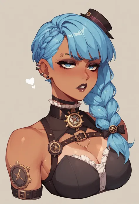 A character from the serie arcane. Light blue hair tied in a orne pigtail. Tan skin. Goth/steampunk style.