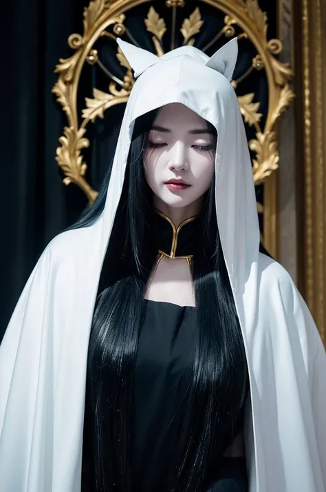 a dark scene of a girl with pale skin, long, straight, dark blue hair ((white streaks)), wearing a black cape with a hood, black torn tights, with a white mask on her face ((with gold details) ) of dogs, with their eyes closed, covering only the eye and no...