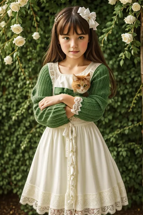 on a green background with white roses in the style of Provence, a girl in a lace knitted dress with ribbons hugs a red fluffy cat