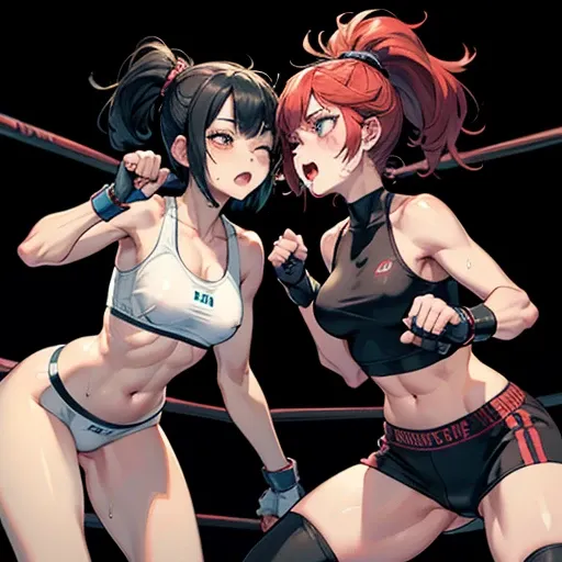 punch, punch, punch. survival dynamic exciting battle in the octagon ring whole body picture. two bloody beautiful Japanese female fighters are looking at each eyes. they are beating each other so hard. They are banging their punches against their opponent...