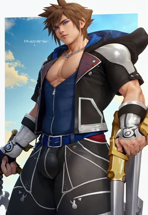 (masterpiece, Highest quality:1.2), Cowboy Shot, alone, Men&#39;s Center, One boy, sky (Kingdom hearts),Muscular body, Hall々A muscular body, Hall々A clean-cut appearance, Muscular arms, Muscular legs, only a main part, Trapezoidal fuselage, Rugged body, Mus...