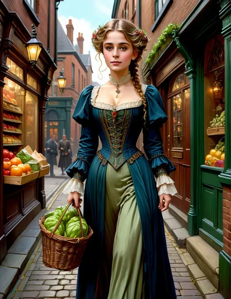 cinematic portrait of Maude Adams donning a Victorian dress walks at sub urban Victorian Manchester city sidewalk with handful of groceries, wears casual modest Victorian outfit, Medieval Building, Medieval Alley, sensuous smirk, intricate, frugal, highly ...