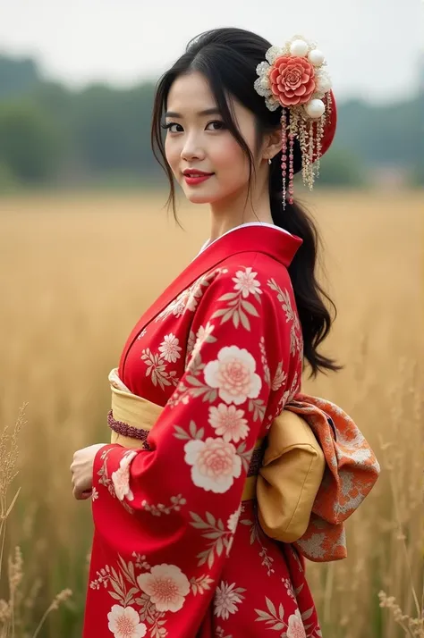 A beautiful woman wearing a red kimono standing in a field