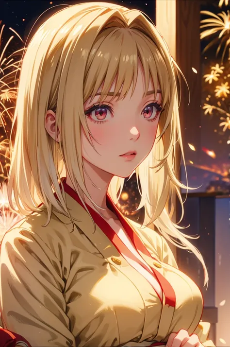 Kikyou kushida kimono firework night (beige colored hair), tailed haired, red eyes colour