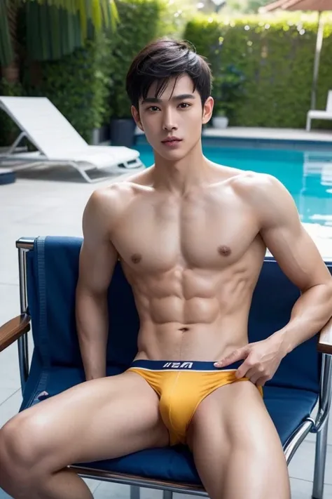 Create 64k photos of poolside backdrops. The atmosphere is quiet. Low angle portrait A young Thai man with Thai-Chinese features, handsome and sharp, with a short skinhead haircut. Soft tan skin, slender figure, broad chest and broad shoulders. Beautiful m...