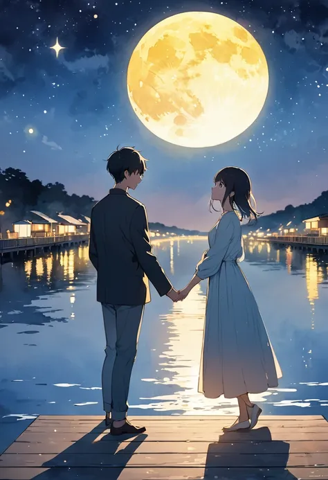 watercolor style pictures，Makoto Shinkai painting style。The background is a clear blue night sky and a bright yellow moon，A boy and a girl stood on the boardwalk by the river and confessed to each other under the moon.，surrounded by stars，Minimalist style，...