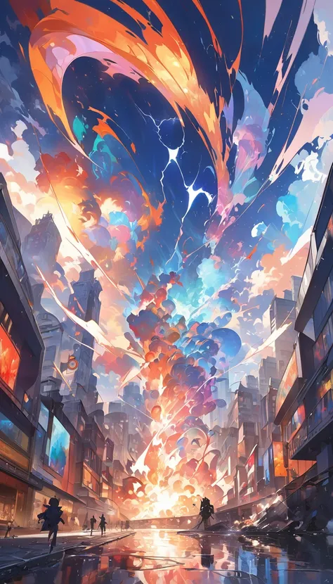 Abstract face in a city landscape, Realist paintings by Marc English , [:Anime Line Art:0.2], The theme is celestial bodies, heat, lightning, and water., epic splash art , Self-sastructing art, , Abstract