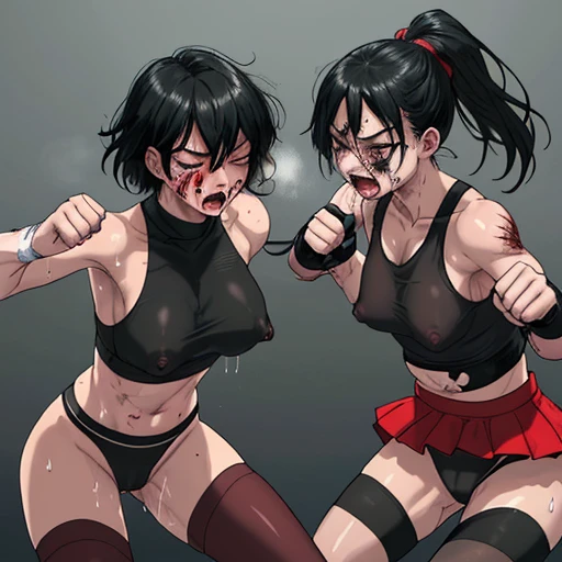 punch, punch, punch. survival dynamic exciting bloody battle in the octagon ring whole body picture. two bloody beautiful Japanese female fighters are looking at each eyes. they are beating each other so hard. They are banging their punches against their o...