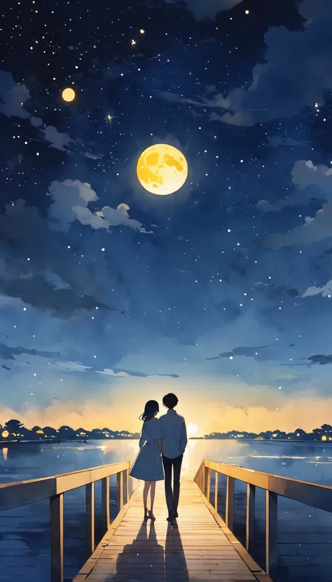 watercolor style pictures，Makoto Shinkai painting style。The background is a clear blue night sky and a bright yellow moon，A boy and a girl stood on the boardwalk by the river and confessed to each other under the moon.，surrounded by stars，Minimalist style，...