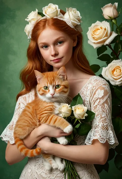 a girl in a lace knitted dress with ribbons, hugging a ginger fluffy cat, on a green background with white roses in the Provencal style, highly detailed, masterpiece, photorealistic, 8k, extremely detailed, hyper realistic, intricate details, soft lighting...