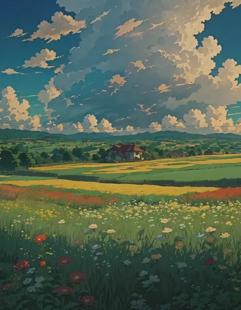 Masterpiece 8k Studio ghibli a field with flowers clouds shadow, 8khdr    sol     ilumination!!!!     