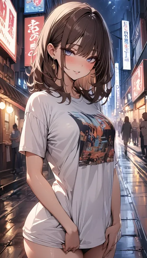 (Highest quality, High resolution, masterpiece :1.3), Beautiful woman, Slim figure, Dark brown hair, T-Shirts, (Night city street), Highly detailed face and skin texture, Detailed eyes, double eyelid