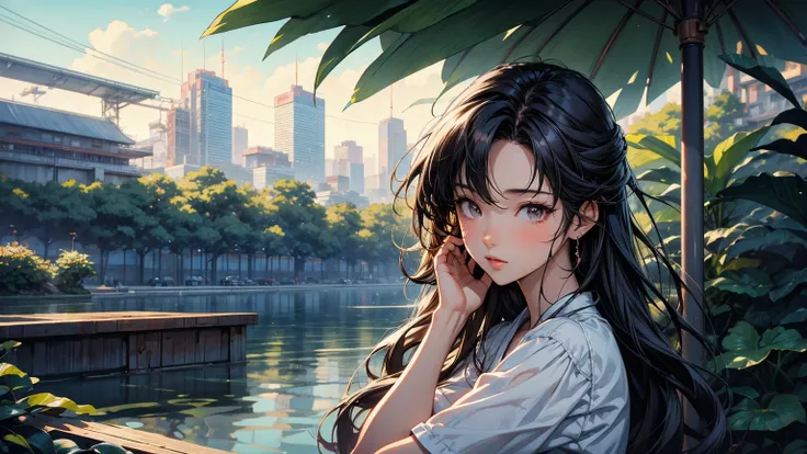 masterpiece、high resolution 8k、NSFW、sharp focus,anime girl sitting on a dock with a potted plant in her hand, artwork in the style of guweiz, lofi girl, lofi artstyle, relaxing concept art, makoto shinkai cyril rolando, lofi art, summer afternoon, anime gi...