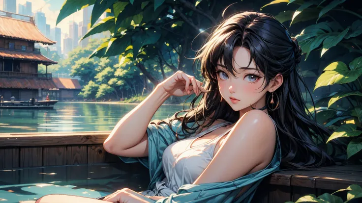 masterpiece、high resolution 8k、NSFW、sharp focus,anime girl sitting on a dock with a potted plant in her hand, artwork in the style of guweiz, lofi girl, lofi artstyle, relaxing concept art, makoto shinkai cyril rolando, lofi art, summer afternoon, anime gi...