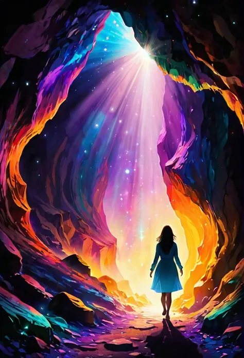 Create images that express your spiritual awakening. Using the image of a young woman walking out of a dark cave into the light of the universe. The inside of the cave has indistinct shadows and the outside world has colorful cosmic lights. It shows the di...