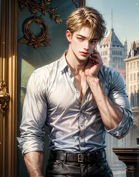 ((Best quality)), ((masterpiece)), (detailed), ((perfect face)), ((halfbody)) handsome face, male, teen boy,  perfect proportions , an artwork created by nardack, casual outfit, detailed scenery background 