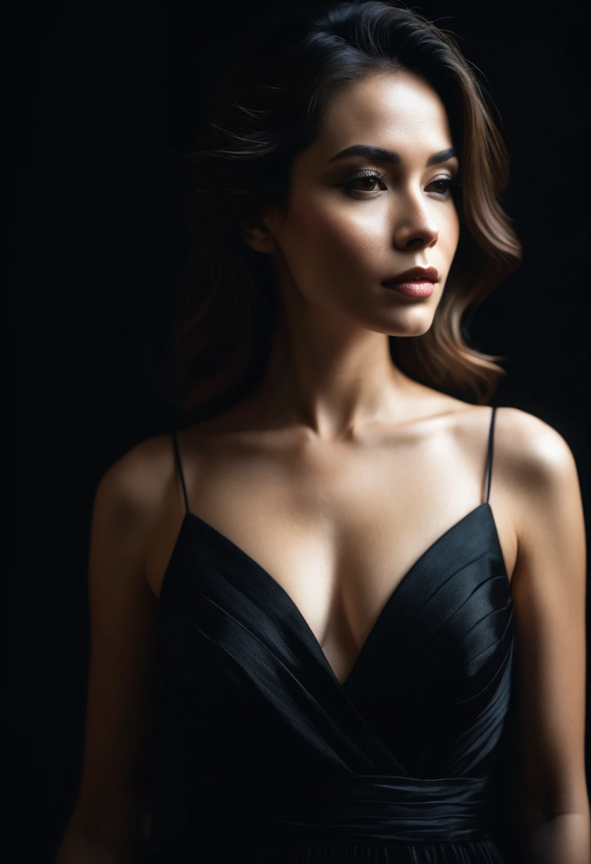 dark shot, film grain, A close up of a woman in a beautiful black dress and a black background, ultra clear, high quality
