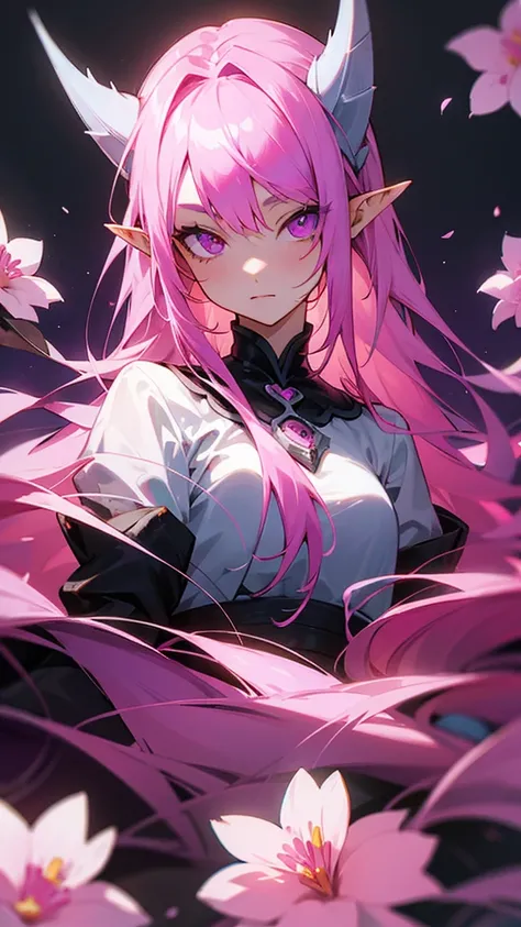 Pink Hair,Clear,One girl, Long Hair, Pointy Ears, Flowers on head,Pink purple eyes,