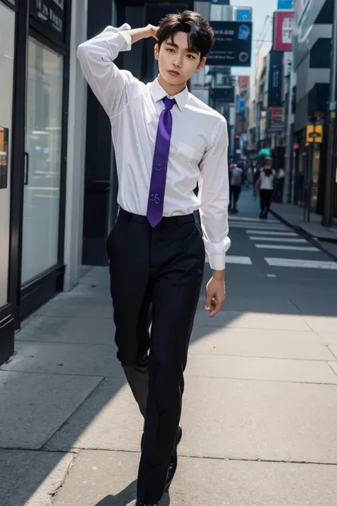 solo , 1man , thai man walking , white shirt with collar , purple necktie , black Long pants , Full body photo , hand on head