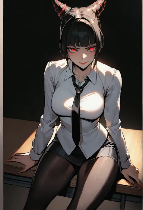 Juri Han, Artwork, fitted white secretary shirt with black tie, mini skirt short, skirt short,black tights, Bblack hair, blackstockings,Evil smile,desk,bangs on the eyes,Lighting,horn of hair,red eyes glowing,neckleace,labiaa,sultry posing,sitting on a cha...