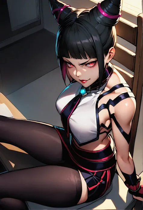 Juri Han, Artwork, fitted white secretary shirt with black tie, mini skirt short, skirt short,black tights, Bblack hair, blackstockings,Evil smile,desk,bangs on the eyes,Lighting,horn of hair,red eyes glowing,neckleace,labiaa,sultry posing,sitting on a cha...