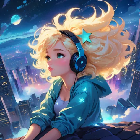 a beautiful 20 year old blonde woman with big messy hair laying down on a cloud in the sky floating over a cityscape at night, wearing headphones, twinkling stars and glowing moon, fantasy art style, rossdraws cartoon vibrant, cyberpunk, cute detailed digi...