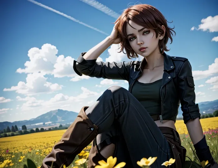 (Masterpiece, Best quality)
Lilith Borderlands,  1girl, Single, Red poetry, Yellow eyes, Sitting in a field of flowers