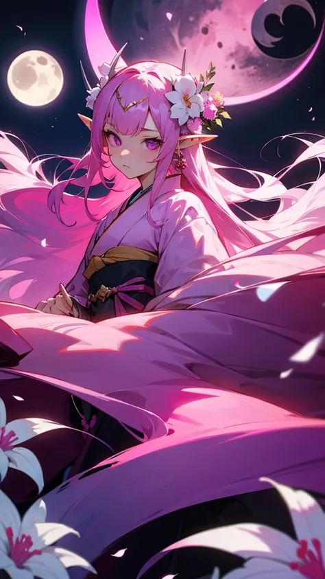 Pink Hair,Clear,One girl, Long Hair, Pointy Ears, Flowers on head,Pink purple eyes,kimono,Under the crescent moon