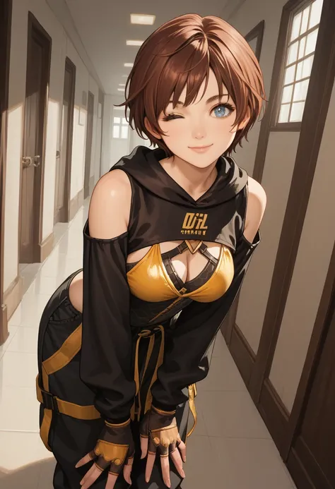 score_9, score_8_up, score_7_up, score_6_up, source_anime, 1girl, solo sblily, brown hair, short hair, blue eyes, leotard, cleavage, hood down, black sleeves, clothing cutout, bare shoulders, long sleeves, black pants, fingerless gloves, brown boots, wink,...