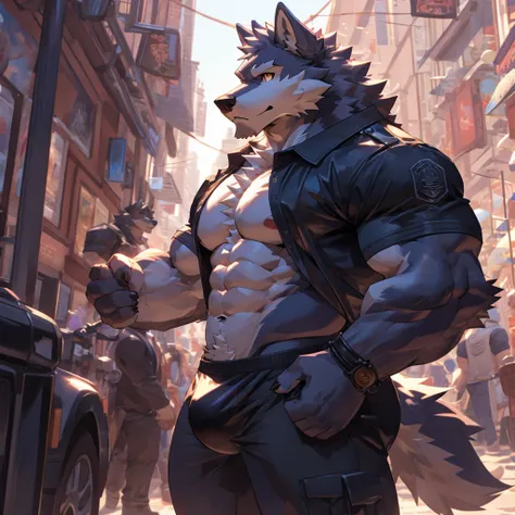 Wolf，male，muscle，Abdominal muscles，strong，daytime，Soft lighting，（Detailed background），transparent underwear