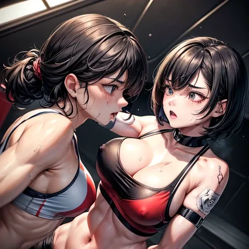 punch, punch, punch. life or death struggle. survival dynamic exciting bloody battle in the octagon ring. whole body picture. two bloody beautiful Japanese young female fighters are looking at each eyes. they are beating each other so hard. They are bangin...