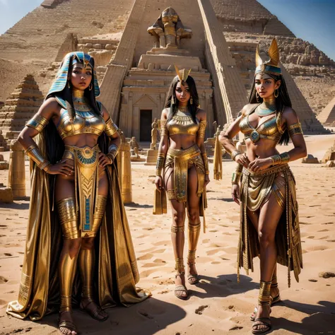 An ultra-detailed hyper-realistic photograph of a beautiful Egyptian woman , wearing ancient egyptian clothes, standing under the pyramid in the desert, sexy 2 piece outfit, sharp image, 4k resolution