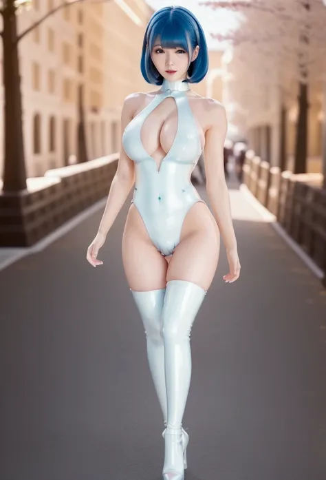 masterpiece, Highest quality, Very detailed, cute, cute, cute, whole body, walk, Gradation, whole body focus, city, town, Beautiful woman, alone, Latex bodysuit, Beautiful Blue Hair, Beautiful brown eyes, Beautiful Eyes, White skin, Hip, smile