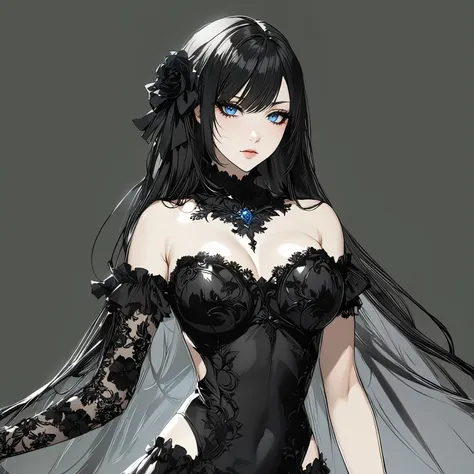 masterpiece, best quality, good quality, Highly detailed, shadowverse style, female, black hair, tidy hair, blue eyes, goth, adult, closed mouth, lacy aesthethic