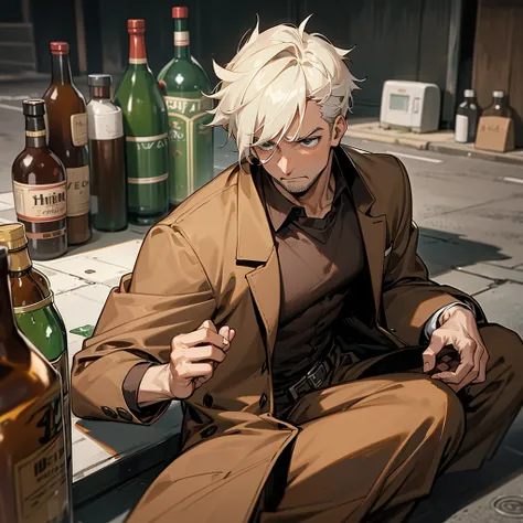 40 years old man detective looks like alcoholic sitting on the road in the dark, ditry city. He was wearing in the brown costum, white t-shirtm, around him bottle of irish whisky. He is loocking sad, skinny body