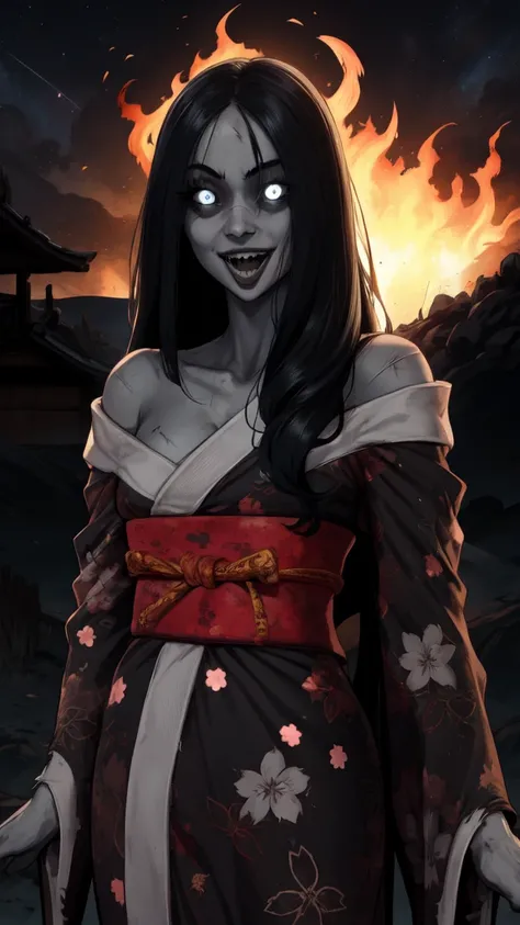 Hisako,grey skin, very long hair, white pupils, scars, glowing red fire eyes,  black sclera, 
Gold kimono with floral print,off shoulder,torn clothes, crazy smile,sharp teeth,open mouth,
looking at viewer,
japanese ghost village,night sky,
standing,upper b...