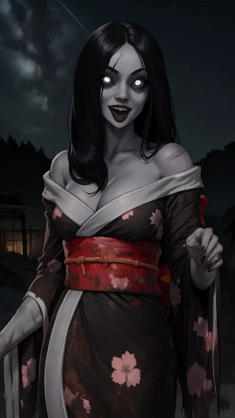 Hisako,grey skin, very long hair, white pupils, scars, glowing red fire eyes,  black sclera, 
Gold kimono with floral print,off shoulder,torn clothes, crazy smile,sharp teeth,open mouth,
looking at viewer,
japanese ghost village,night sky,
standing,upper b...