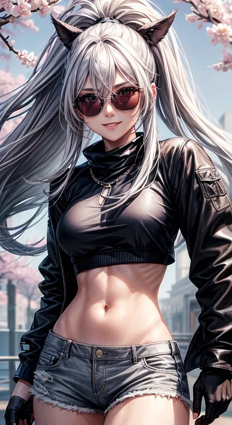 (Masterpiece), Best Quality, (((Super Detail, 8K Quality))), Expressive Eyes, Perfect Face, Perfect Anatomy, Perfect Body, Scene, standing, cowboy shot, smile, outdoors, cherry blossoms, face focus, smile, upper body, gray eyes, gray hair, midriff, fur tri...