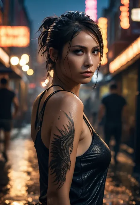 (dynamic pose:0.9),the girl with the eagle and dragon tattoo,rainy city street at night,black eyeliner,black sleeveless muscle shirt, wearing bikini, from behind, huge boobs, (big Dragon tattoo on the back),swedish town,detailed skin,detailed eyes,photorea...