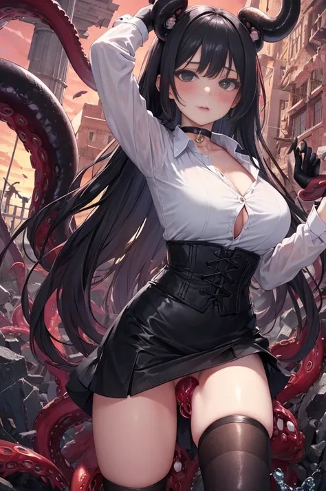 A girl、big breasts，black eyes, many details、pretty girl，largeeyes, long black hair. The background is complex、The face is close to the audience, blush rojo, frustration expression, show teeth, milky, choker:1.6, (white long sleeve button down collar shirt)...