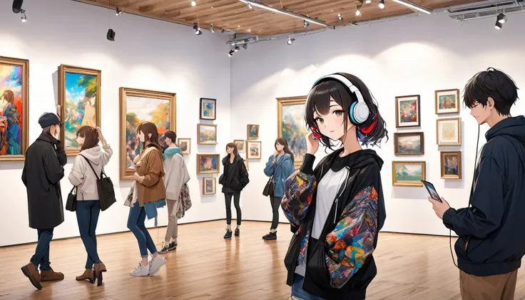 Scene background of a 20-year-old girl wearing headphones relaxing in an art gallery：Stylish art gallery interior look：Feeling relaxed while being touched by the art：Casual, artistic clothing pose：A scene of people enjoying music while appreciating paintin...