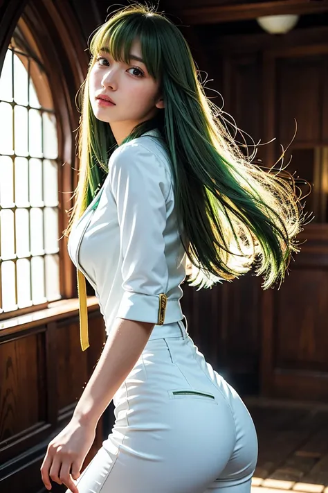 c.c., (detailed face), Very fine and delicate eyes, 独奏, young woman, (lightgreen hair), orange eyes, very long straight hair, beautiful hair, zipper, (white flared_sleeves jacket, white flare pants), BREAK (from behind), expressionless, (chubby:0.4), full ...