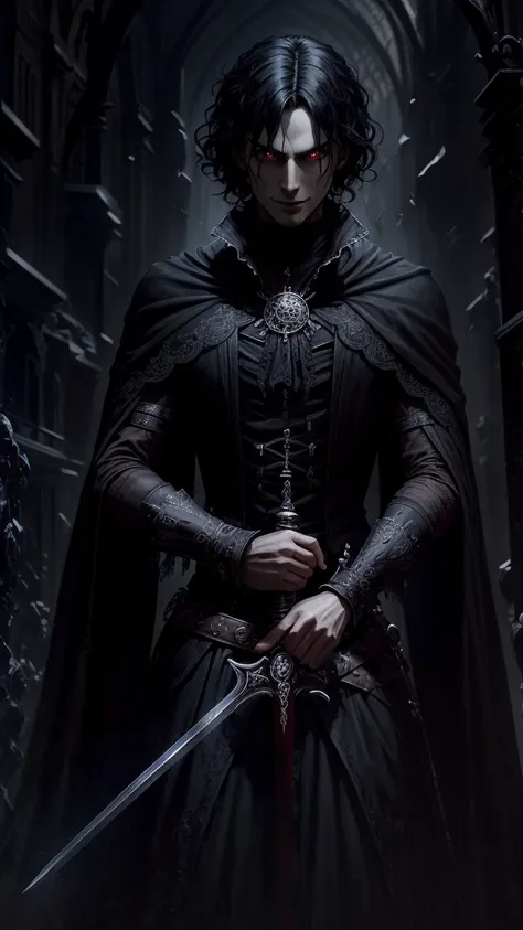 Gothic, vampires, black cloaks, 18th century London, black hair, young face, smile, famous character, high detail of objects, gloomy environment, horror style, good detail of body and hands, full height, high detail 2k,sword in right hand