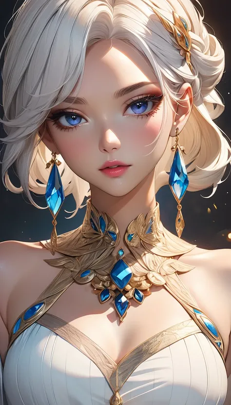 Woman beauty, manhwa style, a lot of details, good detailing, beautiful makeup, jewelry, crystal and precious stone jewelry, anime eyelashes, full lips, serene expression, cover manga, stylish looks, full view, various light sources, hairstyle, white hair,...