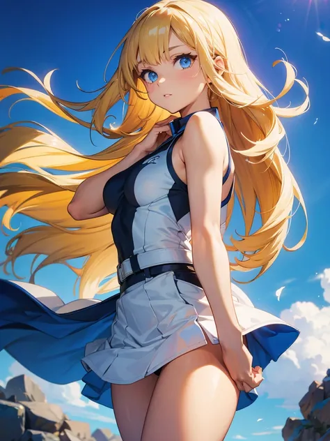 (Perfect athletic body:1.2), (Fine hair), 非常にdetailedな, Anime Style, whole body, alone, Stylish Gunfighter Girl, Blonde, blue eyes, Men&#39;s white pantsuit, Holding a steampunk long barrel pistol, Wearing long boots, Standing in the wasteland, 8K high res...