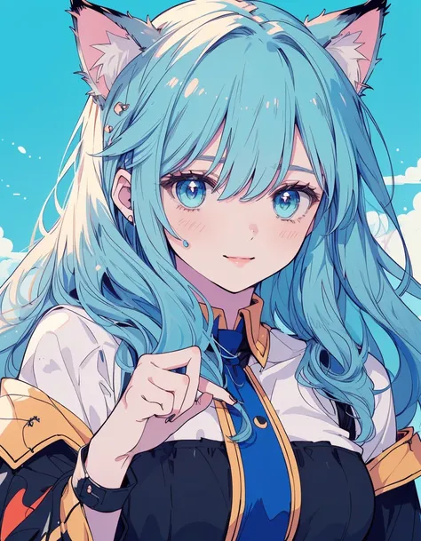 flame, blue flame, magic, smile, ((masterpiece, best quality:1.5)), ((Beautiful detailed cat aqua eyes:1.2)), cat ears, pale skin, medium breasts, beautiful hands, beautiful fingers, EasyNegative