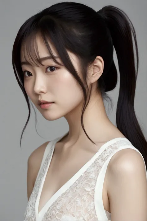 I want an image of a 23-year-old Asian woman with a ponytail, beautiful face, small chest, and double eyelids.