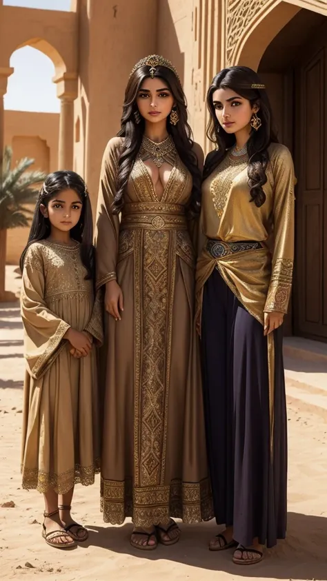 Ancient persian young beautiful woman with dark brown long with smooth curls. She has light brown eyes. She is dressed in a typical ancient persian desert princess outfit. She stands in front of her familys royale place.