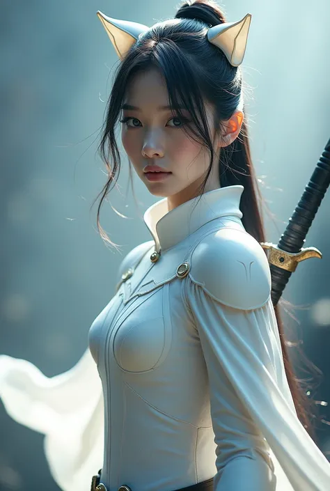 superhero, modern super hero costume, white bat costume, style like a blackbat suit, with a Chinese sword, Beautiful Chinese woman, 20 years old, Chinese woman with bang, with blue eyes, courageous character, Kind, Brave, determination, on the battlefield,...